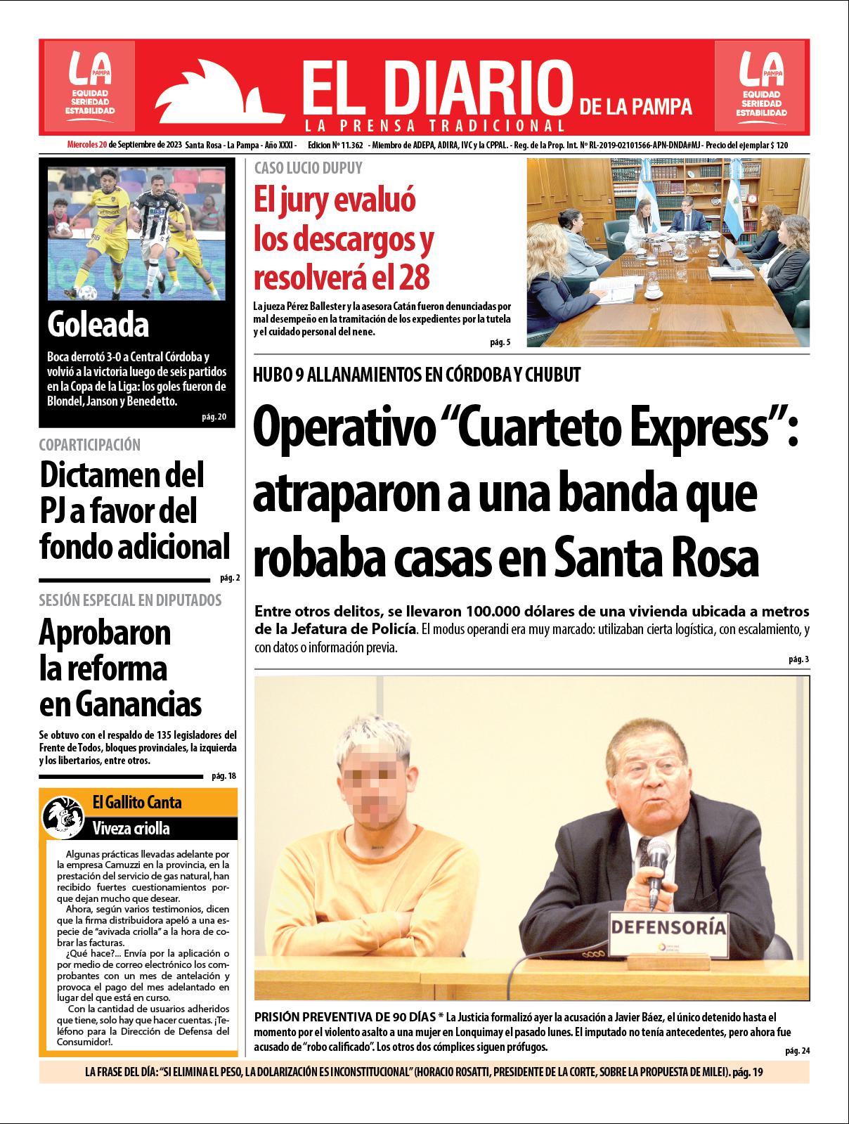 Tapa de El Diario en papel  mieacutercoles 20 de septiembre de 2023